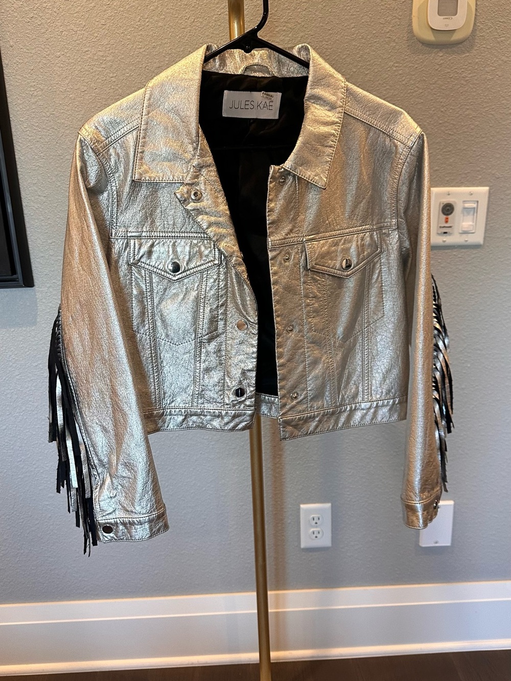 Jules Kae Talia Fringe Silver Metallic Fringe Cropped Jacket - Picture 3 of 8